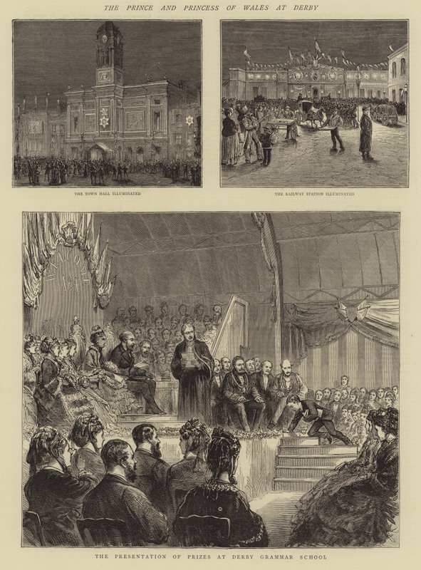Der Prinz und die Prinzessin von Wales in Derby (Stich) von English School
