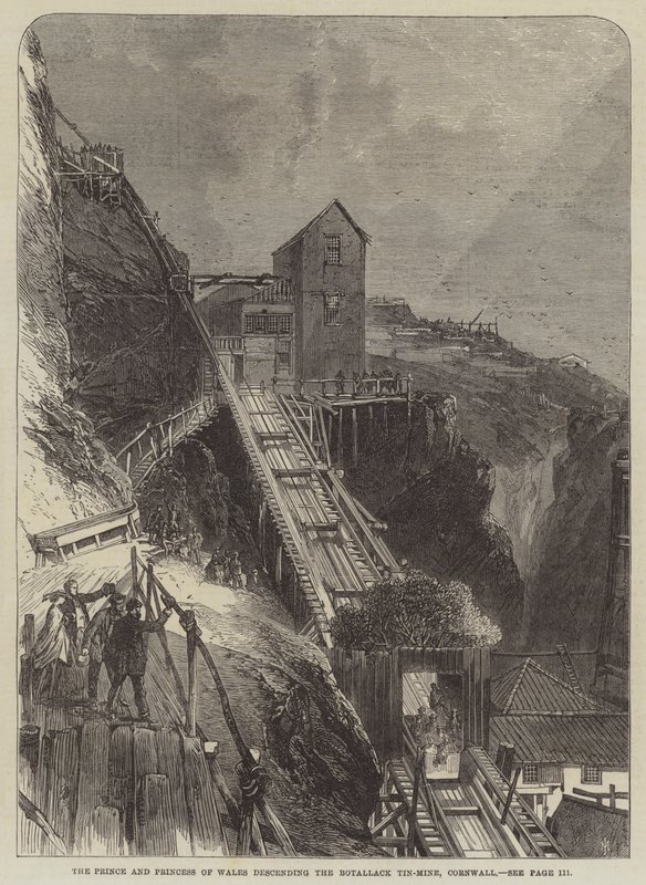 Der Prinz und die Prinzessin von Wales steigen in die Botallack-Zinnmine, Cornwall, hinab (Stich) von English School