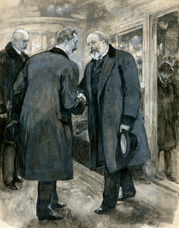 Der Prinz von Wales begrüßt den deutschen Kaiser, Charing Cross Station, 20. Januar 1901 von English School