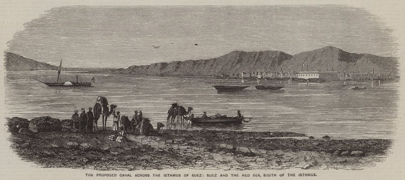 Der vorgeschlagene Kanal über die Landenge von Suez, Suez und das Rote Meer, südlich der Landenge (Gravur) von English School