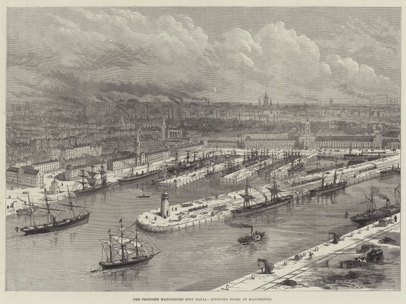Der vorgeschlagene Manchester-Schiffskanal, geplante Docks in Manchester (Gravur) von English School