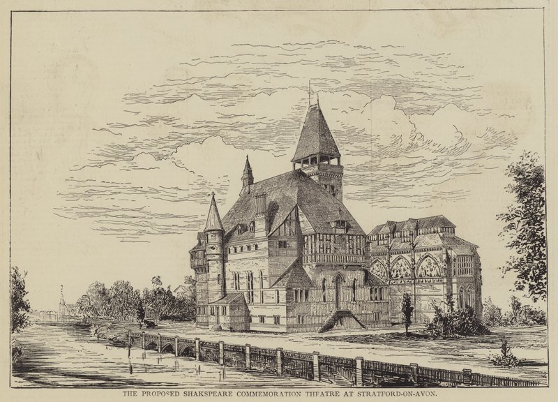 Das vorgeschlagene Shakspeare-Gedenktheater in Stratford-on-Avon (Gravur) von English School