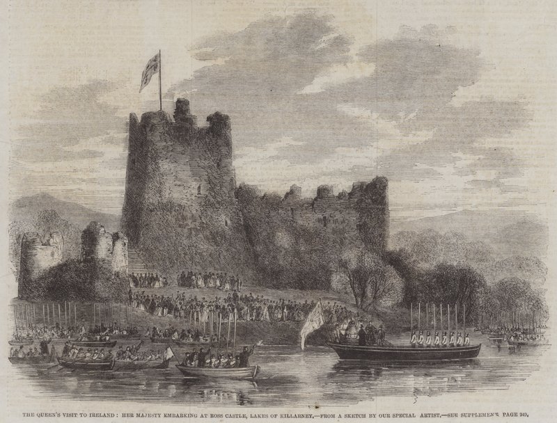 Der Besuch der Königin in Irland, Ihre Majestät geht an Bord in Ross Castle, Seen von Killarney (Stich) von English School
