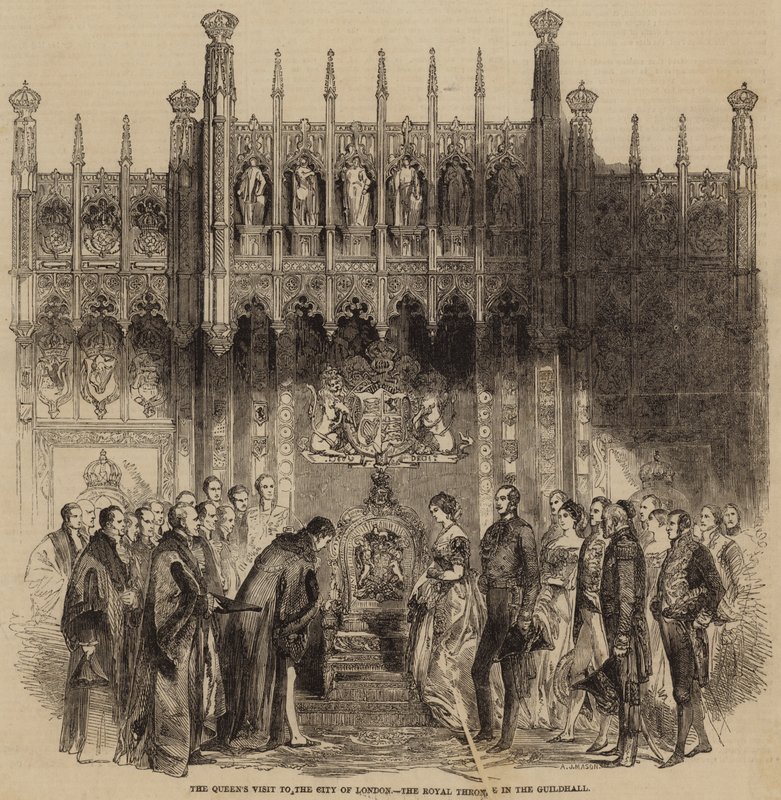 Der Besuch der Königin in der City of London, der königliche Thron in der Guildhall von English School