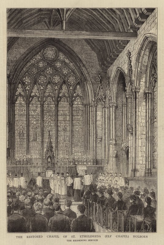 Die restaurierte Kapelle von St. Etheldreda (Ely Chapel) Holborn (Stich) von English School