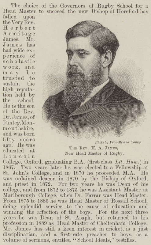 Der Reverend H. A. James, neuer Schulleiter von Rugby (Gravur) von English School