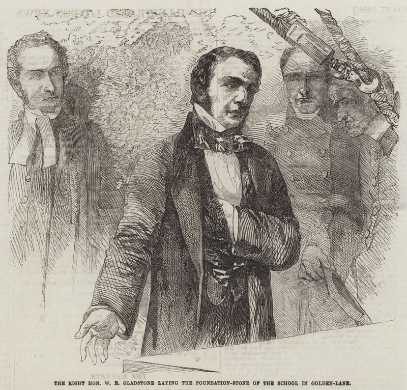 Der ehrenwerte W. E. Gladstone legt den Grundstein der Schule in Golden-Lane (Gravur) von English School