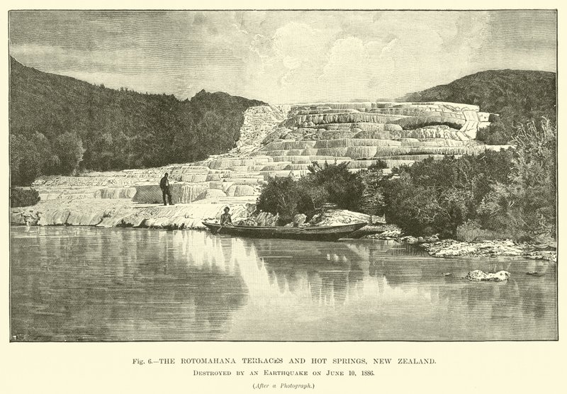 Die Rotomahana-Terrassen und heißen Quellen, Neuseeland, zerstört durch ein Erdbeben am 10. Juni 1886 von English School