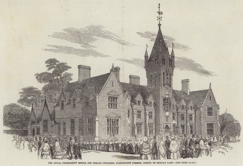 Die Königliche Freimaurerschule für Mädchen, Wandsworth Common, eröffnet am vergangenen Montag (Gravur) von English School