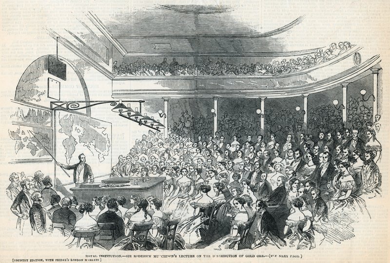 Die Royal Institution. Sir Roderick Murchisons Vortrag über die Verteilung von Golderz von English School