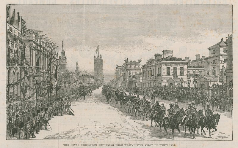 Die königliche Prozession kehrt von der Westminster Abbey über Whitehall zurück von English School