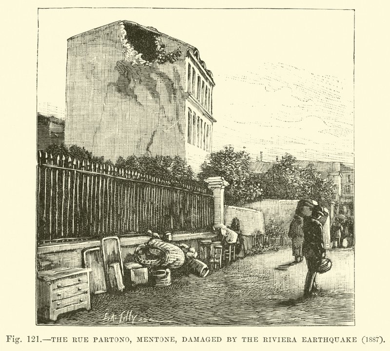 Die Rue Partono, Mentone, beschädigt durch das Riviera-Erdbeben 1887 von English School