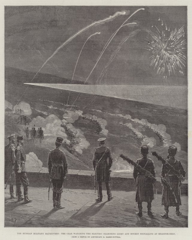Die russischen Militärmanöver, der Zar beobachtet das elektrische Suchlicht und die Raketensignalisierung in Krasnoe-Selo (Gravur) von English School