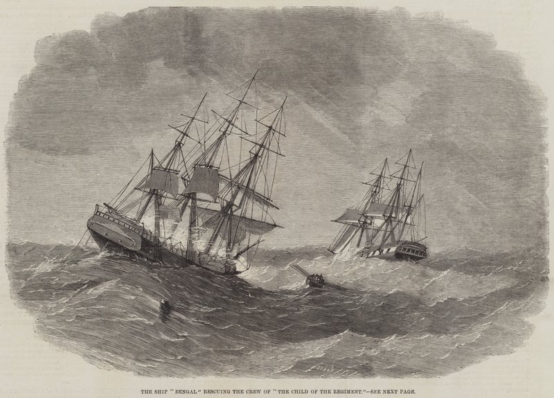 Das Schiff "Bengal" rettet die Besatzung der "The Child of the Regiment" (Gravur) von English School