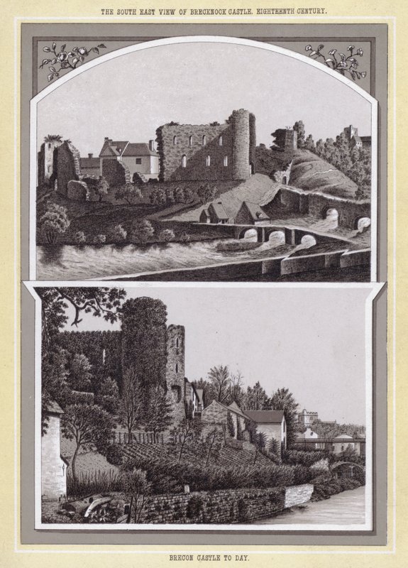 Die Südostansicht von Brecknock Castle, achtzehntes Jahrhundert; Brecon Castle heute von English School