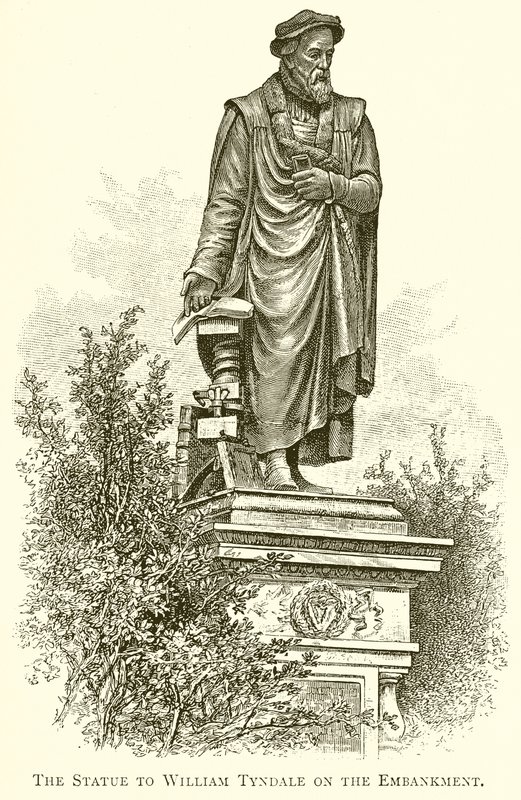 Die Statue von William Tyndale am Embankment von English School