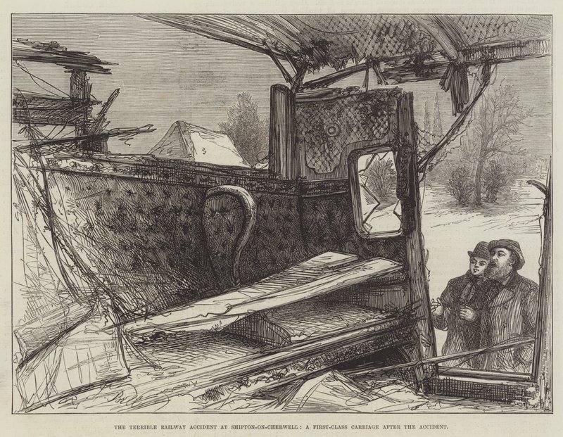 Der schreckliche Eisenbahnunfall in Shipton-on-Cherwell, ein Erste-Klasse-Wagen nach dem Unfall (Stich) von English School