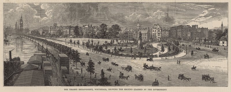 Der Themse-Uferdamm, Whitehall, zeigt das vom Staat beanspruchte Land von English School