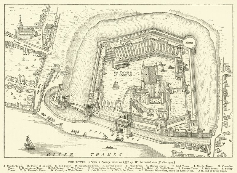 Der Turm, aus einer Umfrage von 1597 von W. Haiward und J. Gascoyne von English School