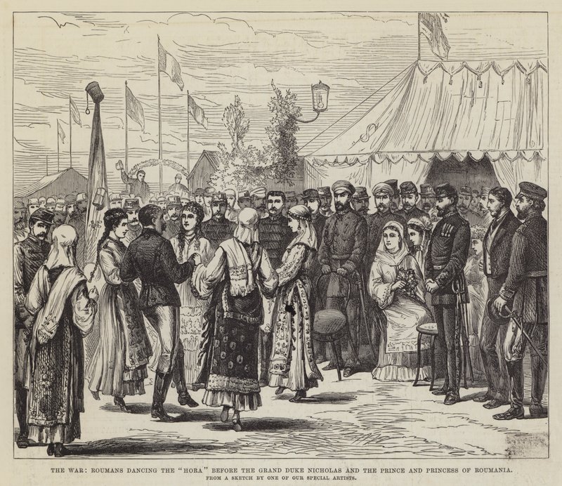 Der Krieg, Rumänen tanzen die "Hora" vor dem Großfürsten Nikolaus und dem Prinzen und der Prinzessin von Rumänien (Stich) von English School