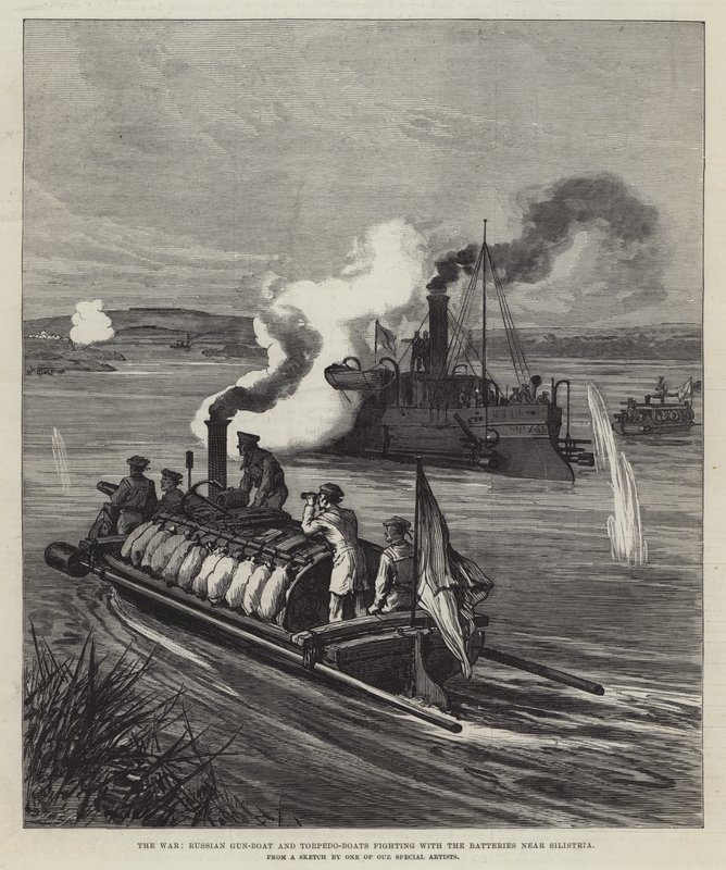 Der Krieg, russisches Kanonenboot und Torpedoboote kämpfen mit den Batterien bei Silistria (Stich) von English School