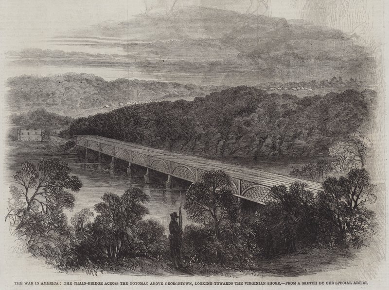 Der Krieg in Amerika, die Kettenbrücke über den Potomac oberhalb von Georgetown, Blick auf das Virginia-Ufer (Stich) von English School