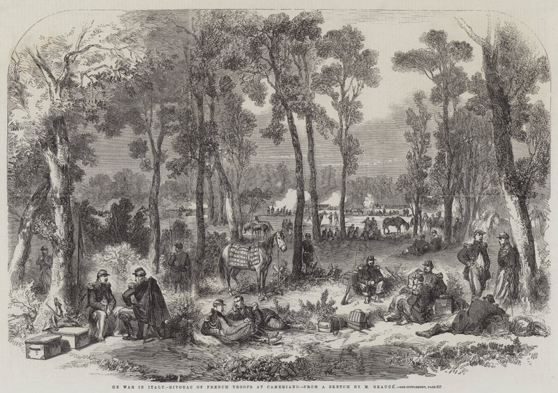 Der Krieg in Italien, Biwak der französischen Truppen bei Cameriano (Gravur) von English School