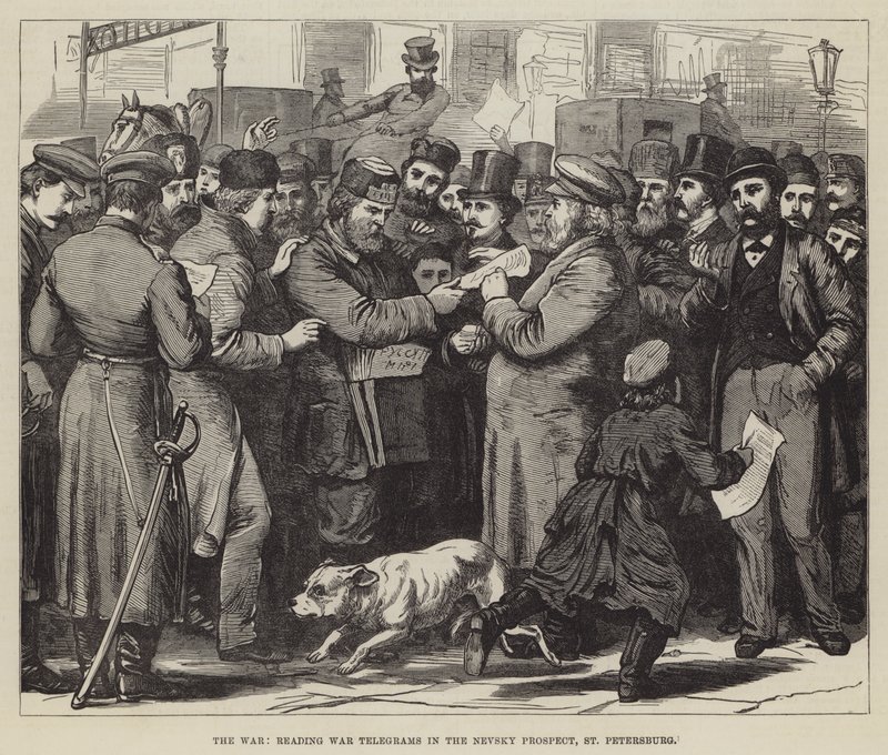 Der Krieg, Lesen von Kriegstelegrammen im Newski-Prospekt, St. Petersburg (Stich) von English School