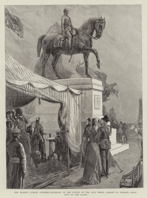 Das Jubiläumsangebot der Frauen, Enthüllung der Statue des verstorbenen Prinzgemahls im Windsor Great Park durch die Königin (Gravur) von English School