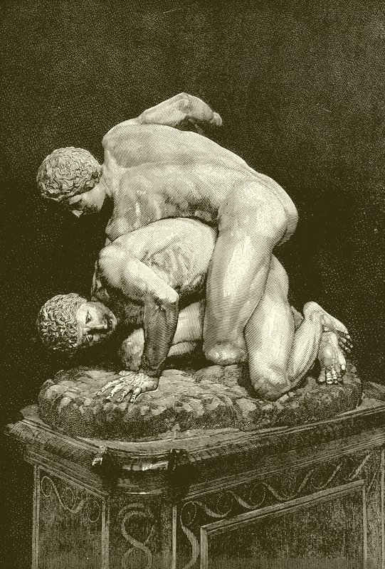 Die Ringer. Marmorgruppe in der Uffizien-Galerie in Florenz (Gravur) von English School
