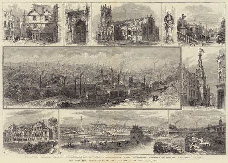 Die Yorkshire Landwirtschaftsgesellschaft in Halifax, Skizzen in Halifax (Gravur) von English School