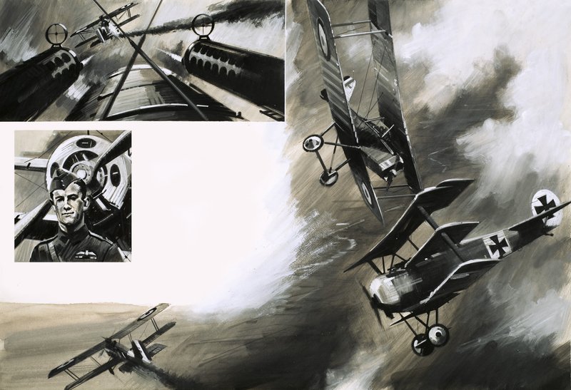 Die Schlacht zwischen britischen SE5s und Werner Voss in seinem Fokker-Dreidecker von English School