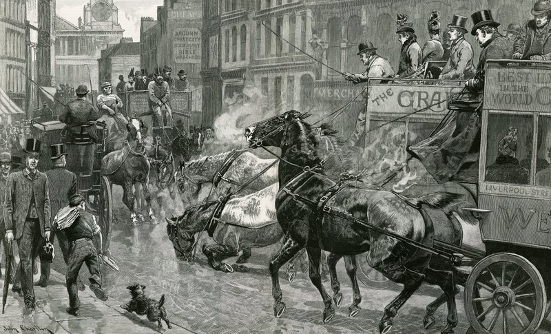 Die Schlacht der Londoner Straßen - Ludgate Hill an einem rutschigen Tag von English School
