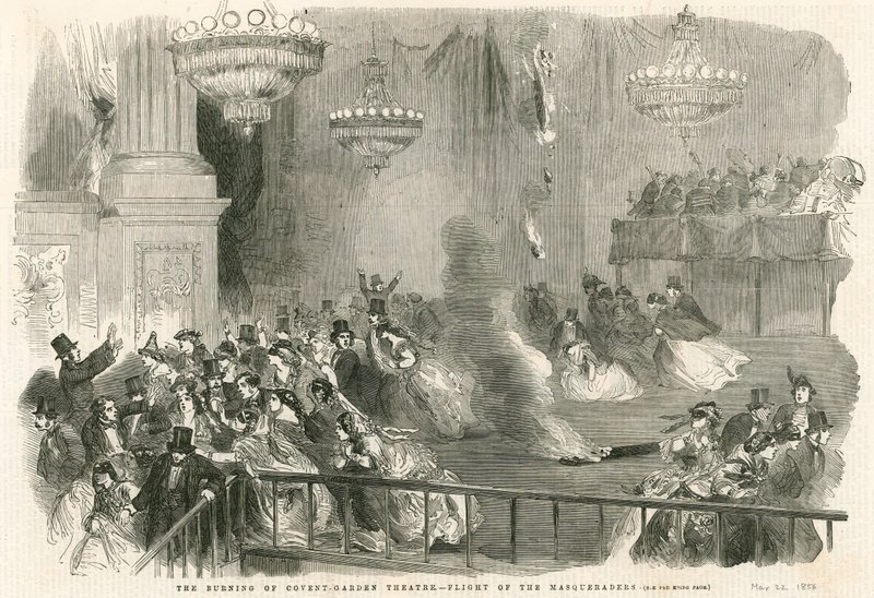 Das Brennen des Covent Garden Theatre, London - Flucht der Maskierten von English School