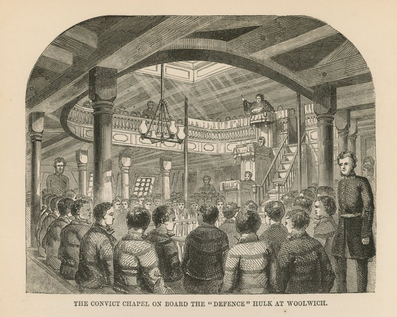 Die Sträflingskapelle an Bord des Verteidigungshulks von English School
