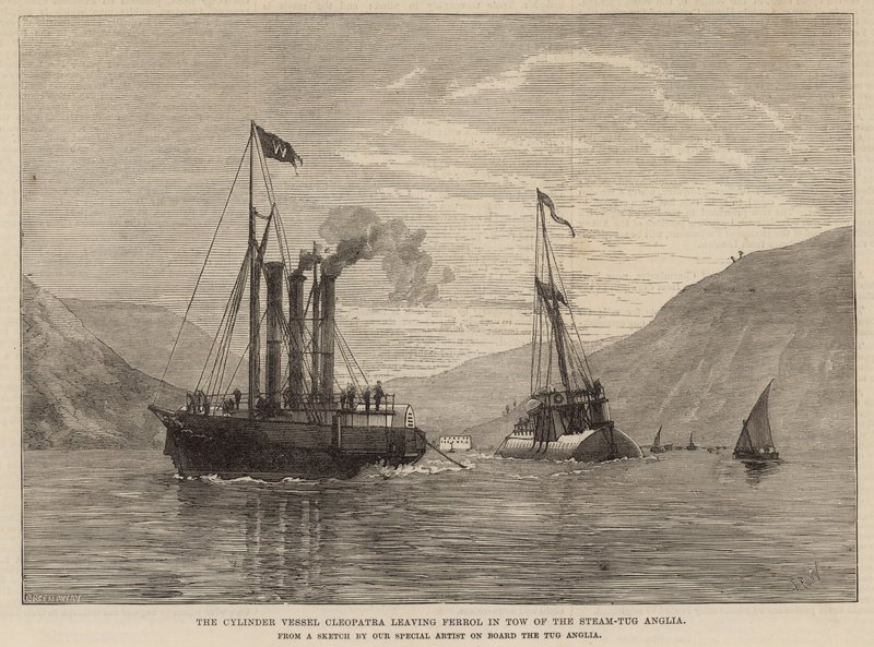 Das Zylinderschiff Cleopatra verlässt Ferrol im Schlepptau des Dampfschleppers Anglia von English School
