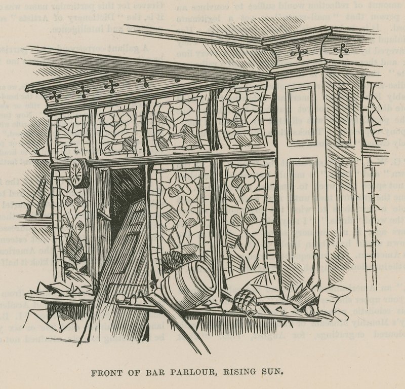 Der Dynamitanschlag in Westminster; Vorderseite des Bar-Salons, Rising Sun von English School