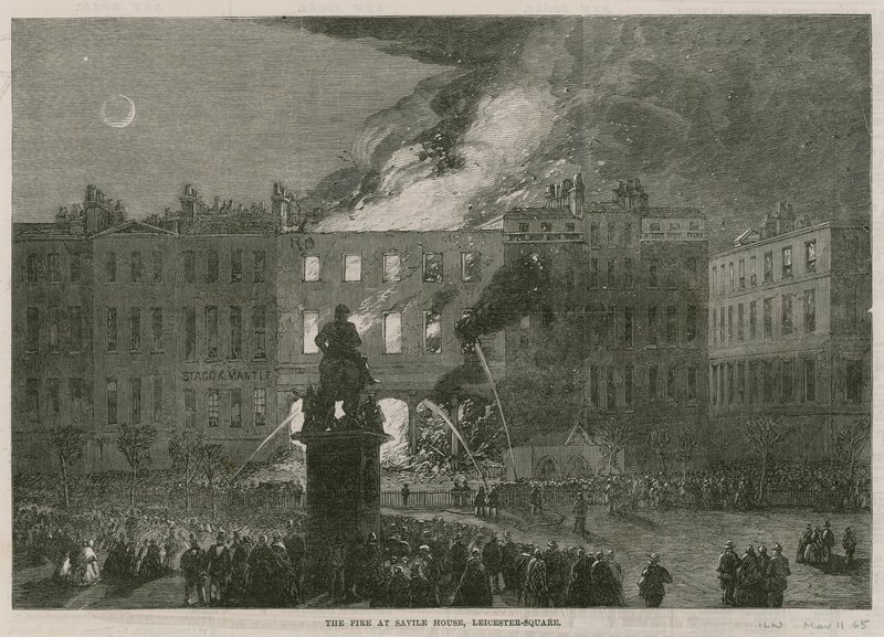Das Feuer im Savile House, Leicester Square, London von English School