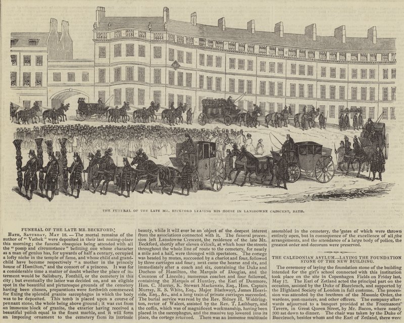 Die Beerdigung des verstorbenen Mr. William Beckford, verlässt sein Haus in Lansdowne Crescent, Bath (Gravur) von English School