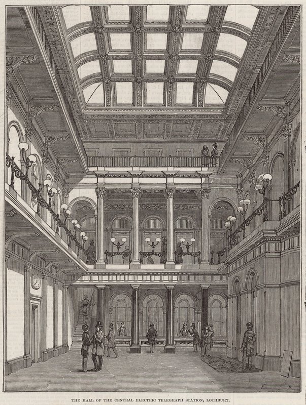 Die Halle der zentralen elektrischen Telegraphenstation, Lothbury von English School