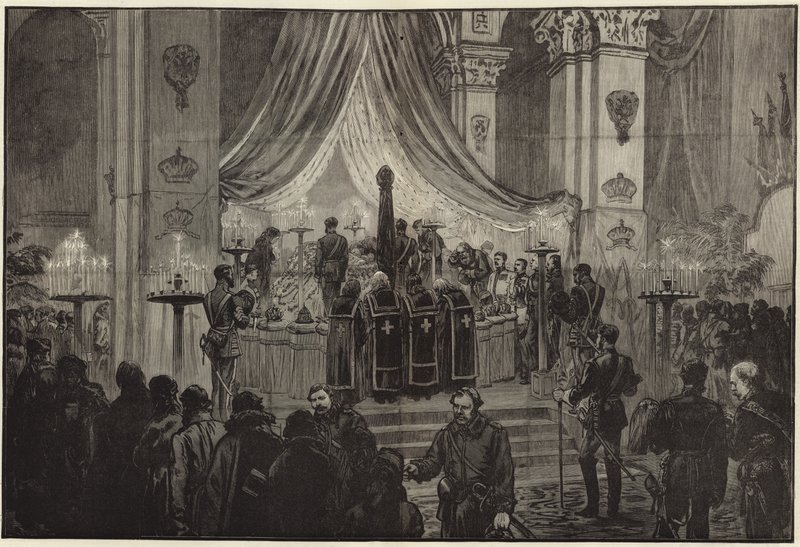 Der verstorbene Kaiser liegt im Staat in der Kirche von St. Peter und St. Paul von English School