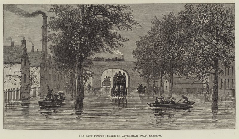 Die jüngsten Überschwemmungen, Szene in der Caversham Road, Reading (Gravur) von English School