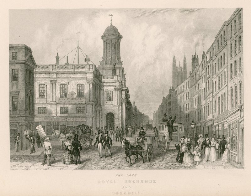 Die späte Royal Exchange und Cornhill, London von English School