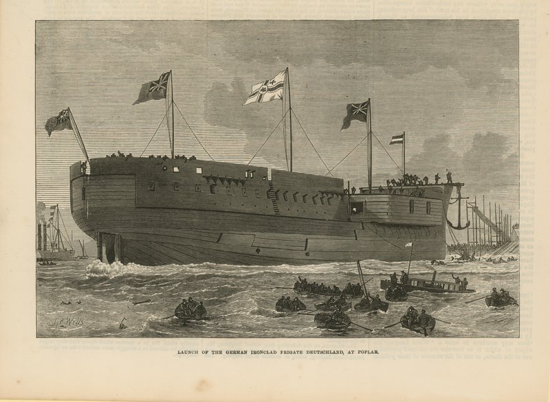 Der Stapellauf der deutschen Panzerschiff-Fregatte Deutschland von English School