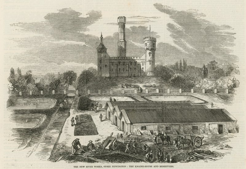 Die neuen Flusswerke, Stoke Newington: Das Maschinenhaus und die Reservoirs von English School