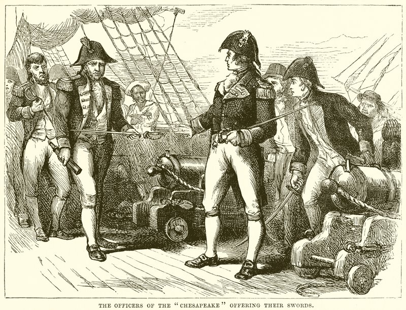 Die Offiziere der Chesapeake bieten ihre Schwerter an von English School