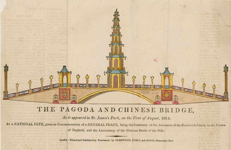 Die Pagode und Brücke, wie sie im St Jamess Park, London, am 1. August 1814 erschien von English School
