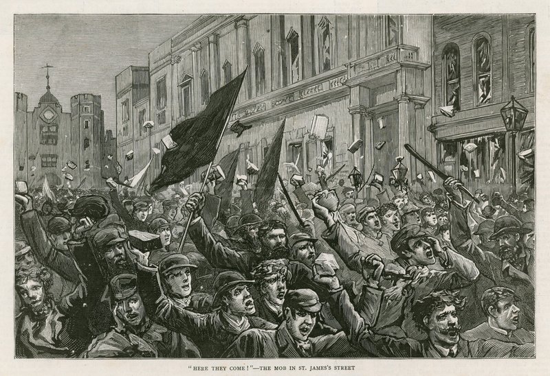 Die Unruhen im West End von London, 8. Februar 1886: Hier kommen sie! - Der Mob in der St Jamess Street, London von English School