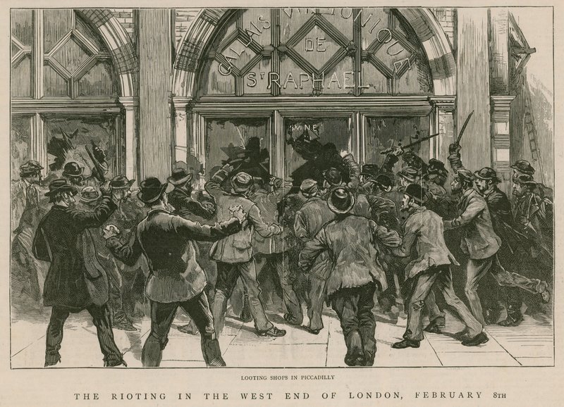 Die Unruhen im West End von London, 8. Februar 1886: Plünderung von Geschäften in Piccadilly von English School