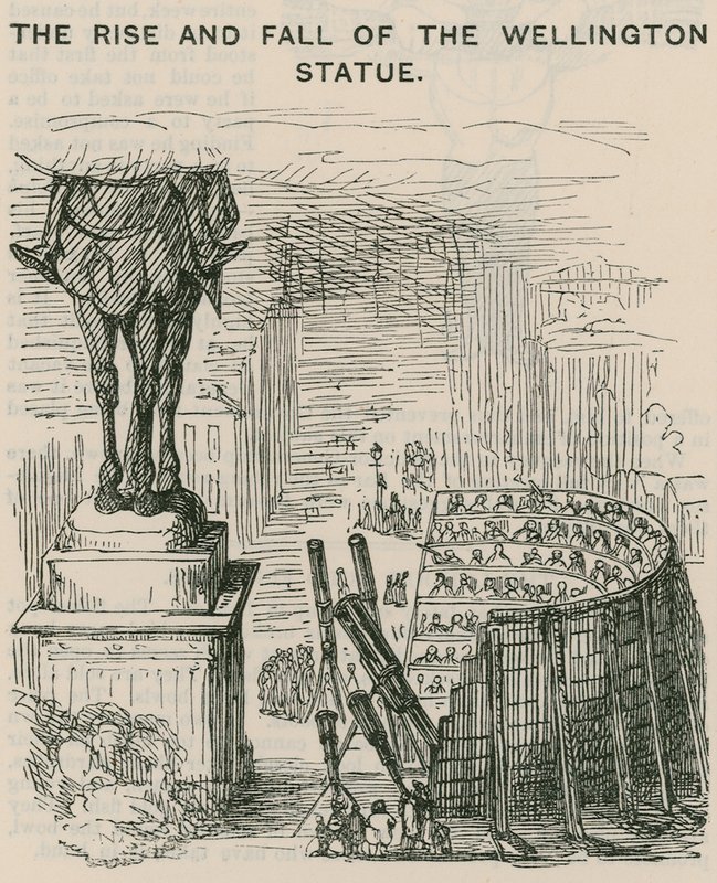 Der Aufstieg und Fall der Wellington-Statue; Karikatur von English School